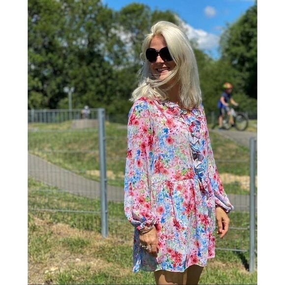 Chiffon Floral Print Dress Flounced - Picture 2 of 5